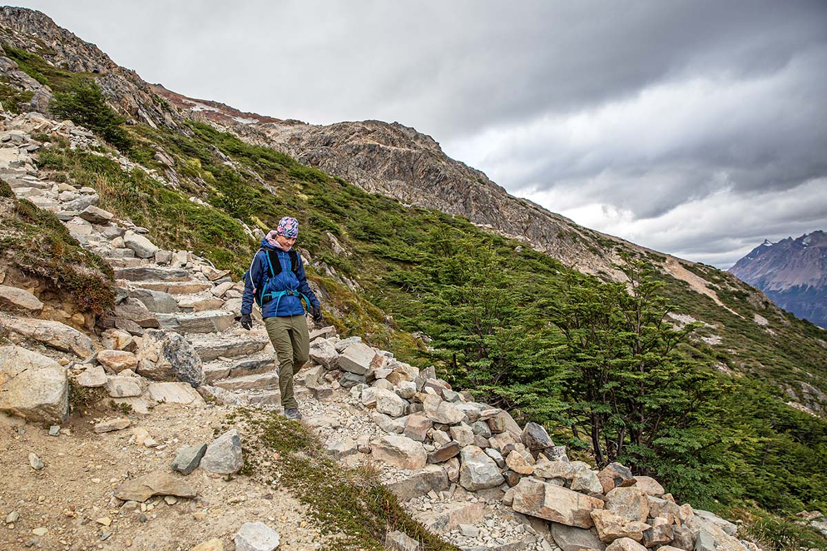 Hiking down steps in Rab Kinetic Alpine 2.0 Jacket